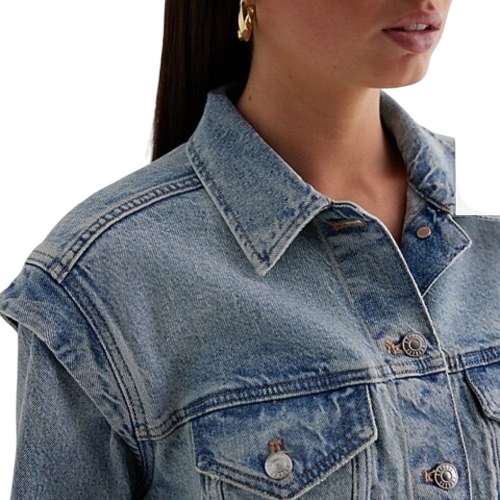 Express Women's Blue Layered Cap Sleeve Cropped Denim Jean Jacket  Size Large - Picture 3 of 12